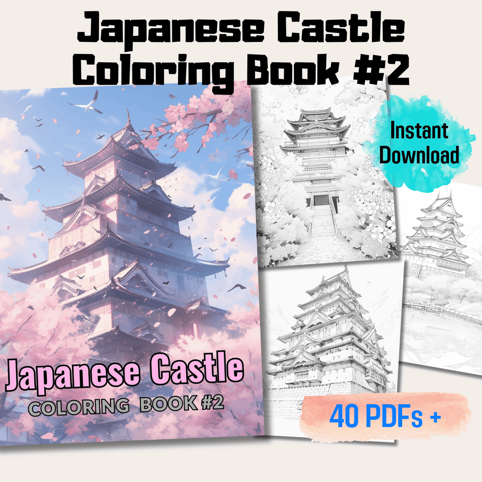 Japan Castle Coloring Book, 20 Pages of Beautiful Castles in Japan for