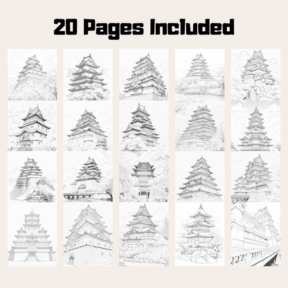 Japan Castle Coloring Book, 20 Pages of Beautiful Castles in Japan for Relaxation and Fun