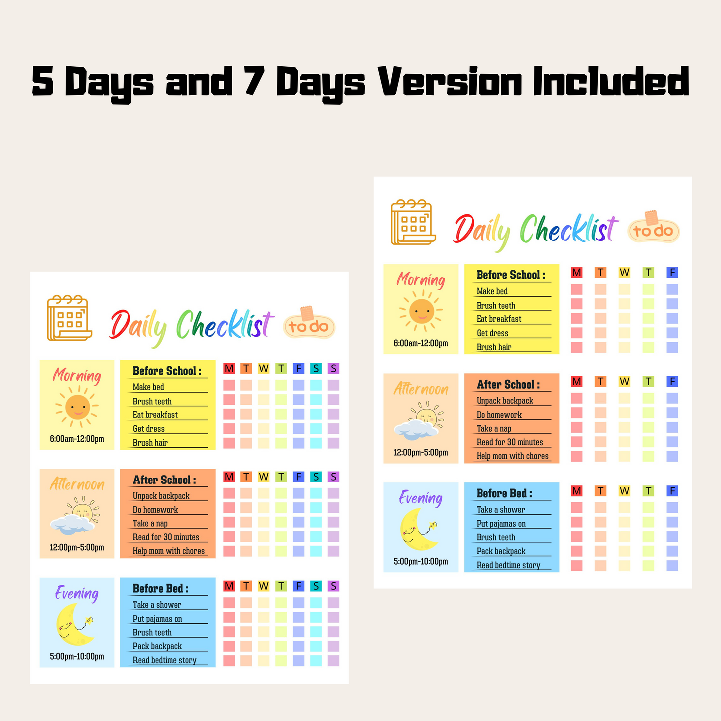 Kids Daily Checklist 1: 5 Days and 7 Days Versions Included