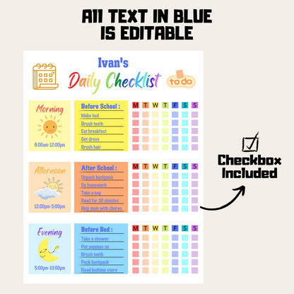 Kids Daily Checklist 1: Editable Demo Display