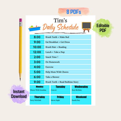 Kids Fillable Daily Schedule Rainbow Color, Daily Routine Responsibility Chart, Cute Printable Checklist, Chores Checklist, Instant Download