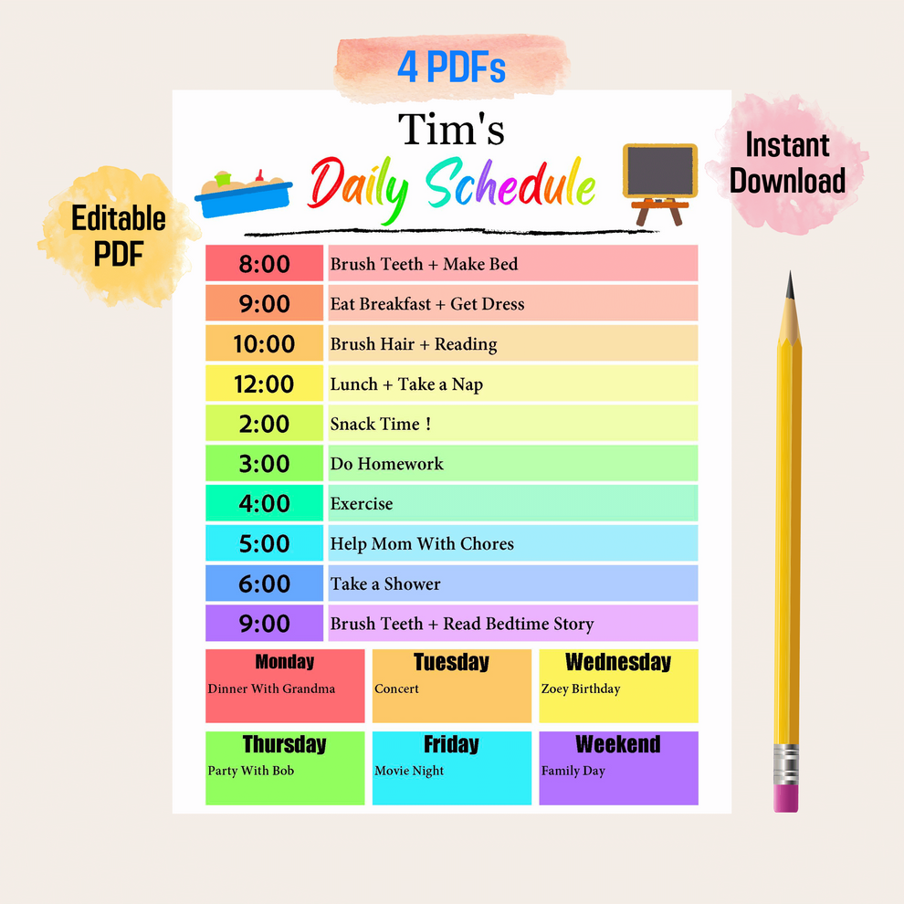 Our Daily Routine Rainbow Kids Fillable Daily Schedule Rainbow Color, Daily Routine Responsibili ...