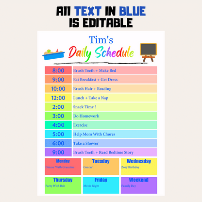 Kids Daily Checklist 3: Rainbow Color Editable Demo Display