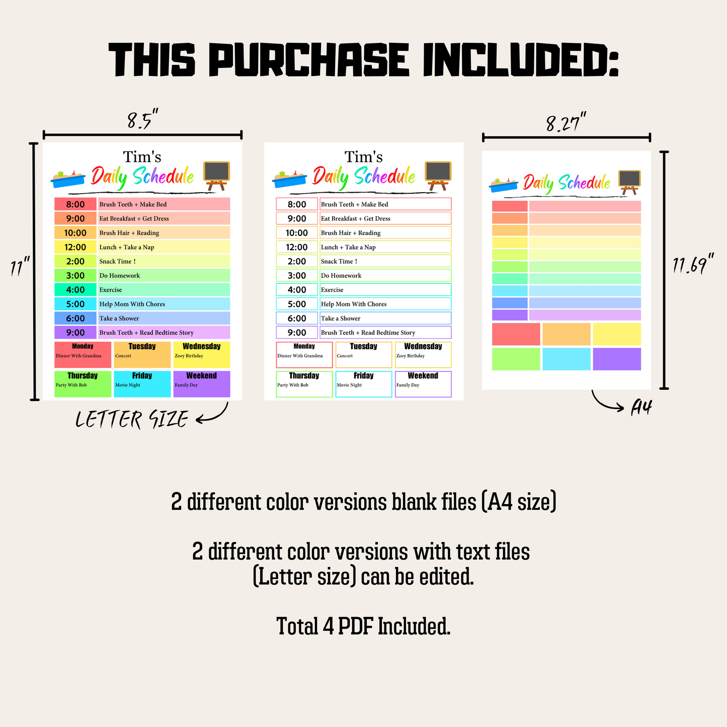 Kids Daily Checklist 3: Rainbow Color Product Information Details And Print Out Size Demo