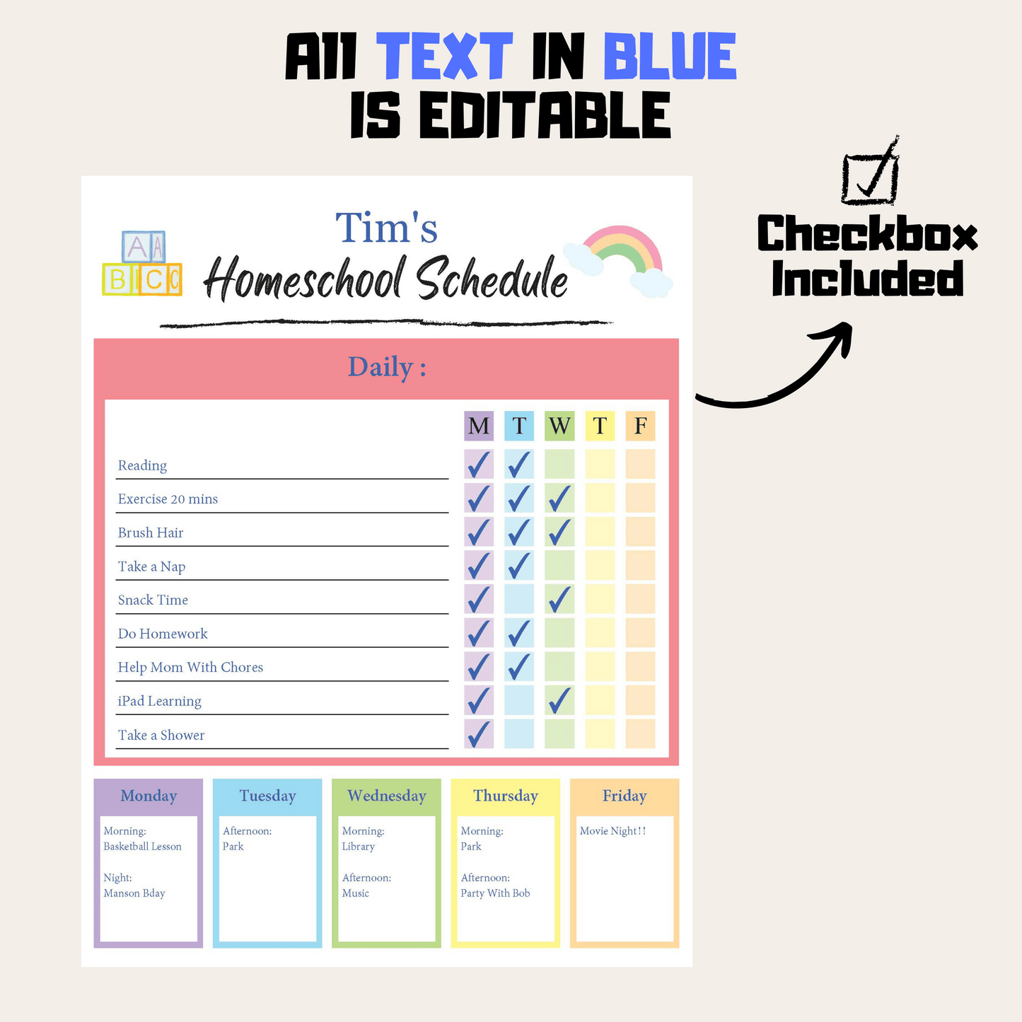 Kids Daily Checklist 4: Editable Demo Display