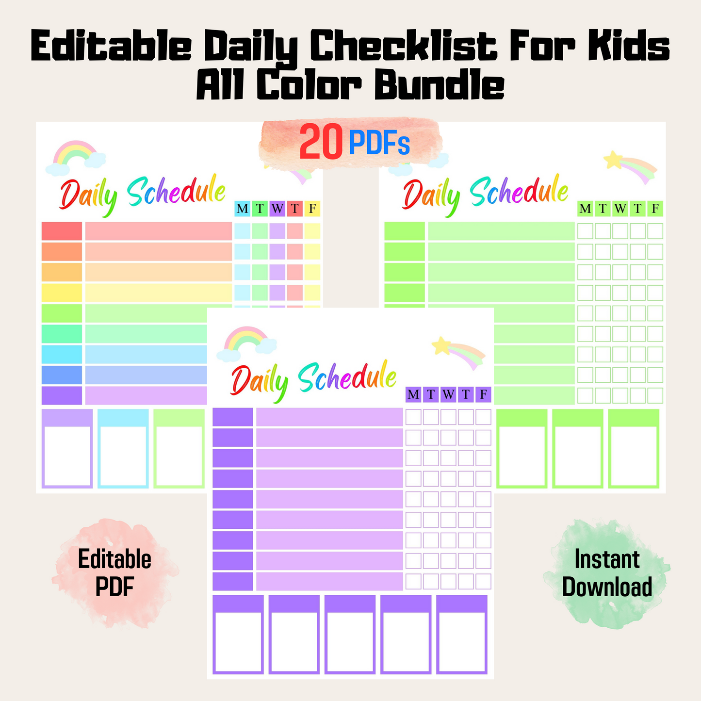 Kids Daily Schedule Rainbow Color, Organize Child's Daily Routine, Chore Chart, Daily Schedule Template, Kids Daily, Printable & Reusable