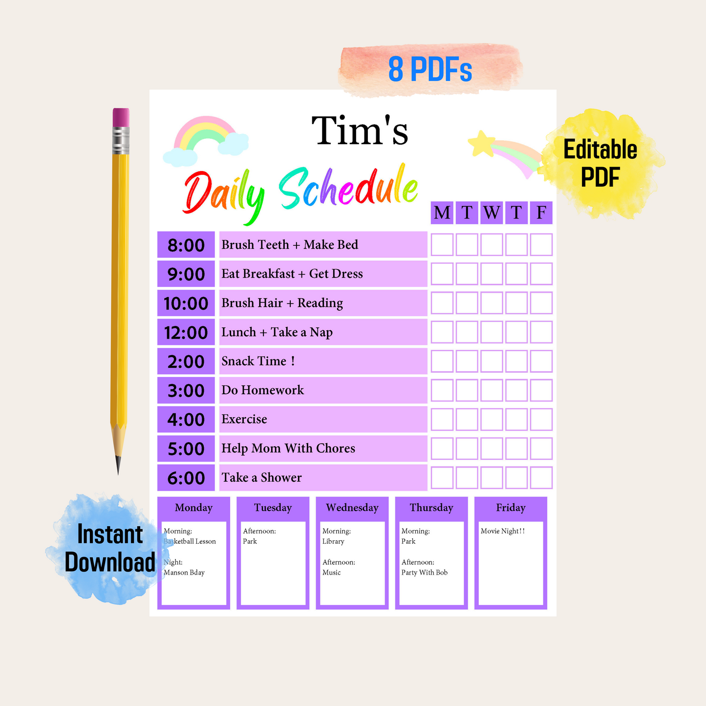 Kids Daily Schedule Rainbow Color, Organize Child's Daily Routine, Chore Chart, Daily Schedule Template, Kids Daily, Printable & Reusable