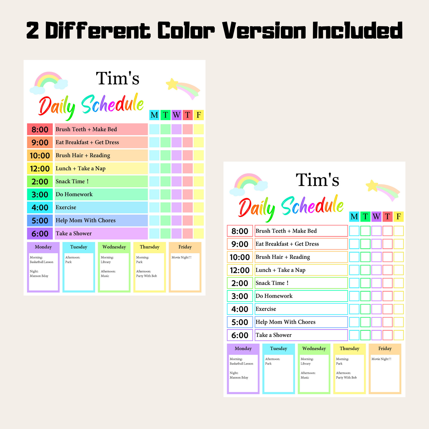 Kids Daily Checklist 5: Rainbow Color Bonus Versions Included