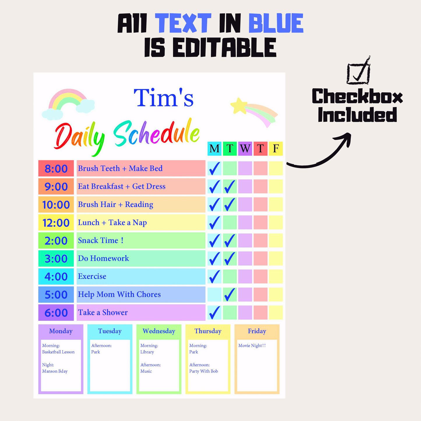 Kids Daily Checklist 5: Rainbow Color Editable Demo Display