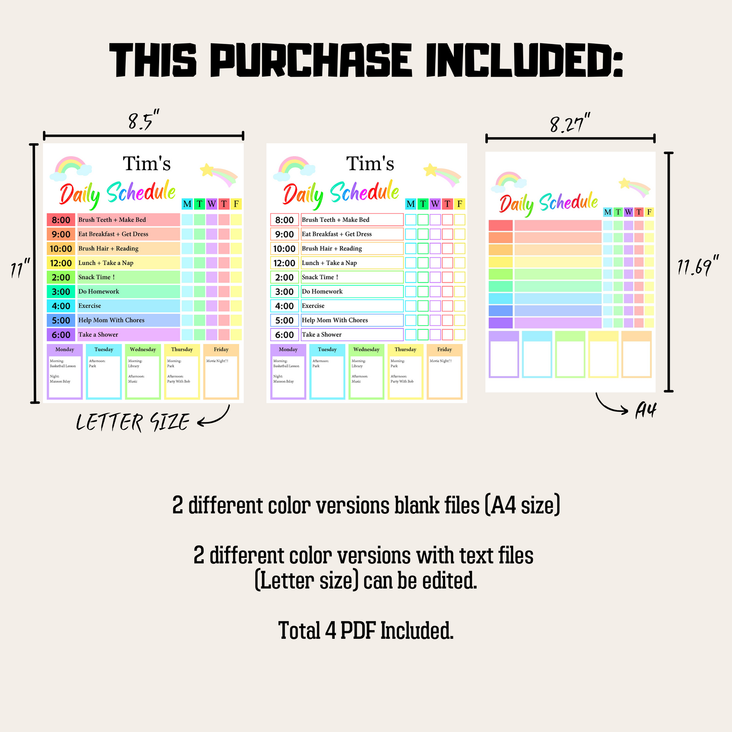 Kids Daily Checklist 5: Rainbow Color Product Information Details And Print Out Size Demo