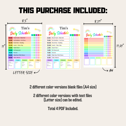 Kids Daily Checklist 5: Rainbow Color Product Information Details And Print Out Size Demo