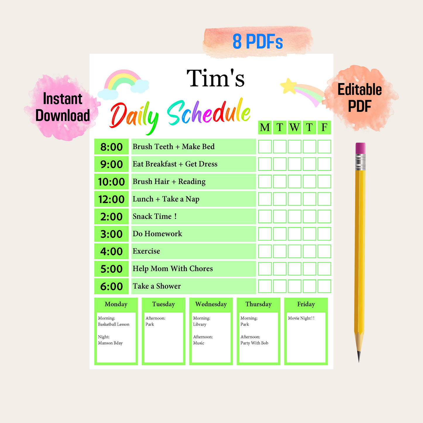 Kids Daily Schedule Rainbow Color, Organize Child's Daily Routine, Chore Chart, Daily Schedule Template, Kids Daily, Printable & Reusable