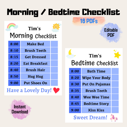Editable Kids Morning And Bedtime Checklist Rainbow Color, Cute Printable Checklist, Kids Daily Routine Chart, Kids Schedule Printable