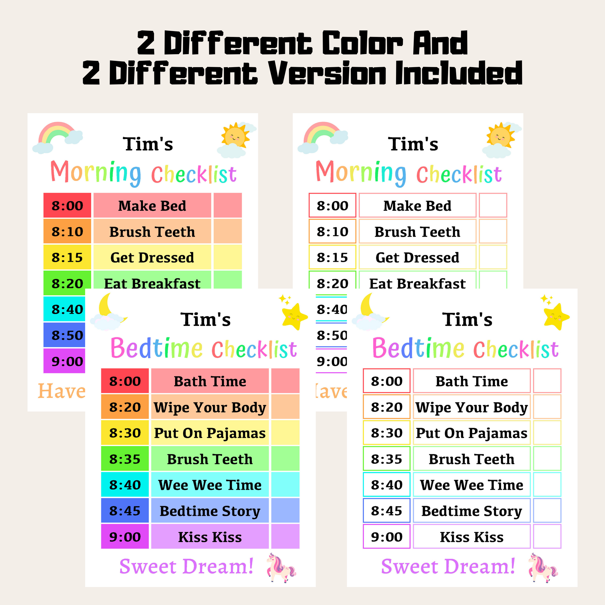 Kids Daily Checklist 6: Rainbow Color 2 Different Color and 2 Versions Included