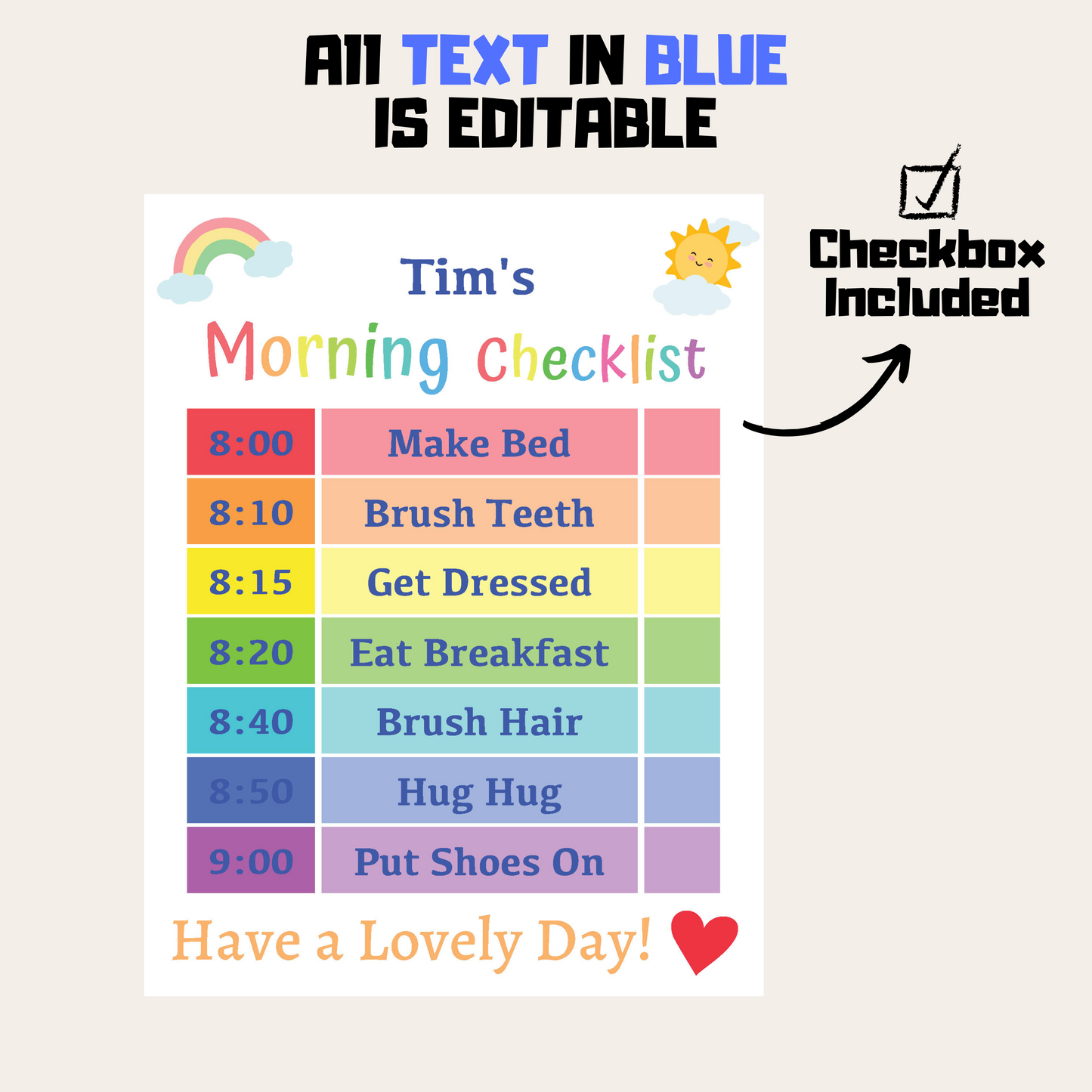 Kids Daily Checklist 6: Rainbow Color Editable Demo Display