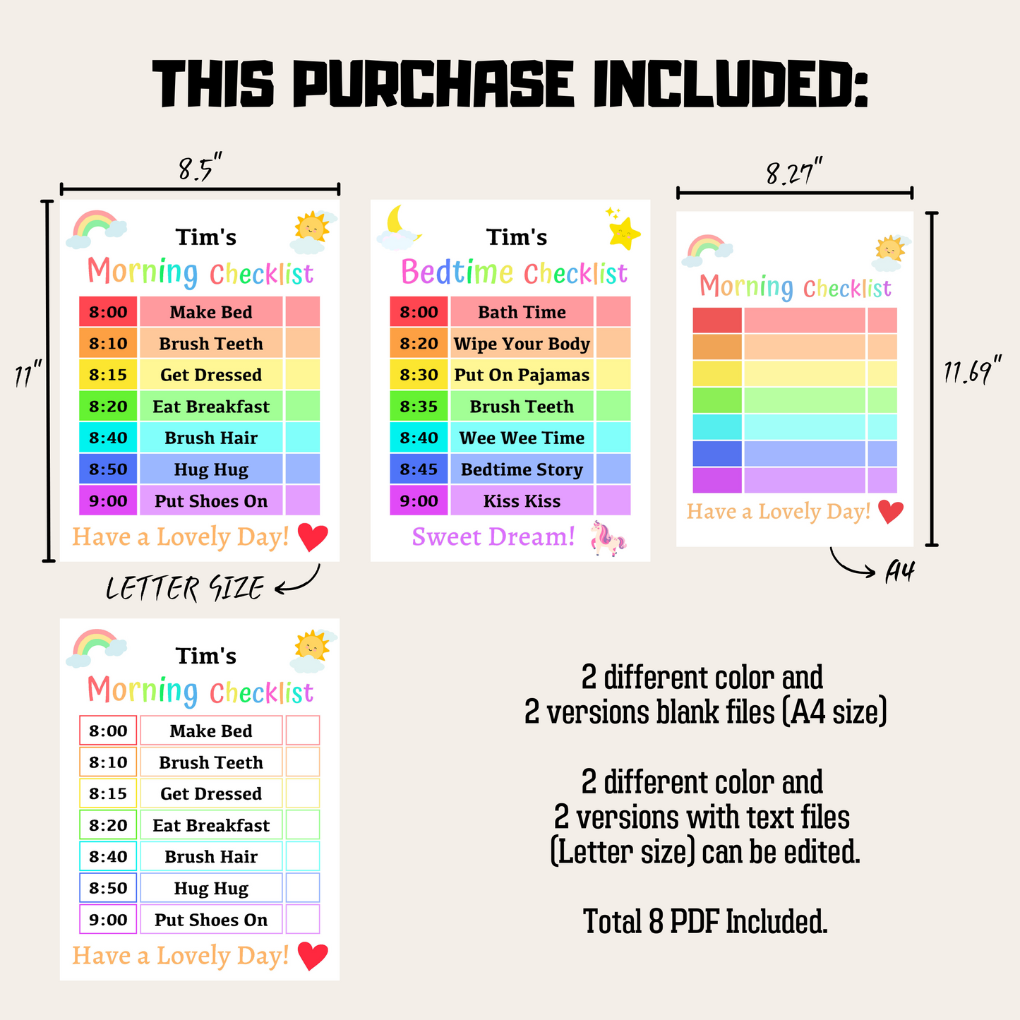 Kids Daily Checklist 6: Rainbow Color Product Information Details And Print Out Size Demo