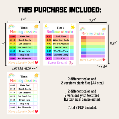 Kids Daily Checklist 6: Rainbow Color Product Information Details And Print Out Size Demo