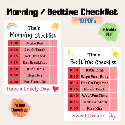 Editable Kids Morning And Bedtime Checklist Rainbow Color, Cute Printable Checklist, Kids Daily Routine Chart, Kids Schedule Printable