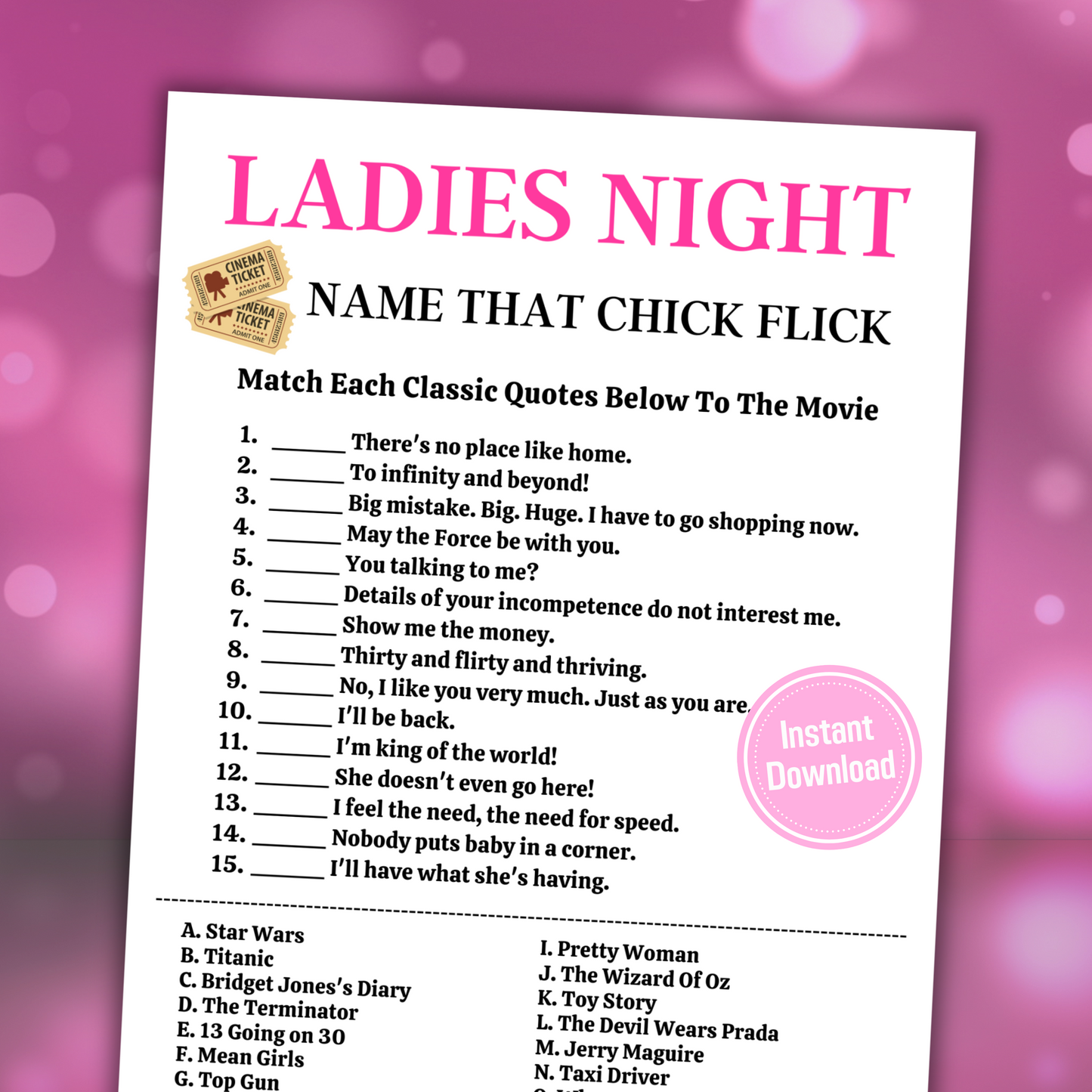 Ladies Night Name That Chick Flick Game | Movie Matching Game