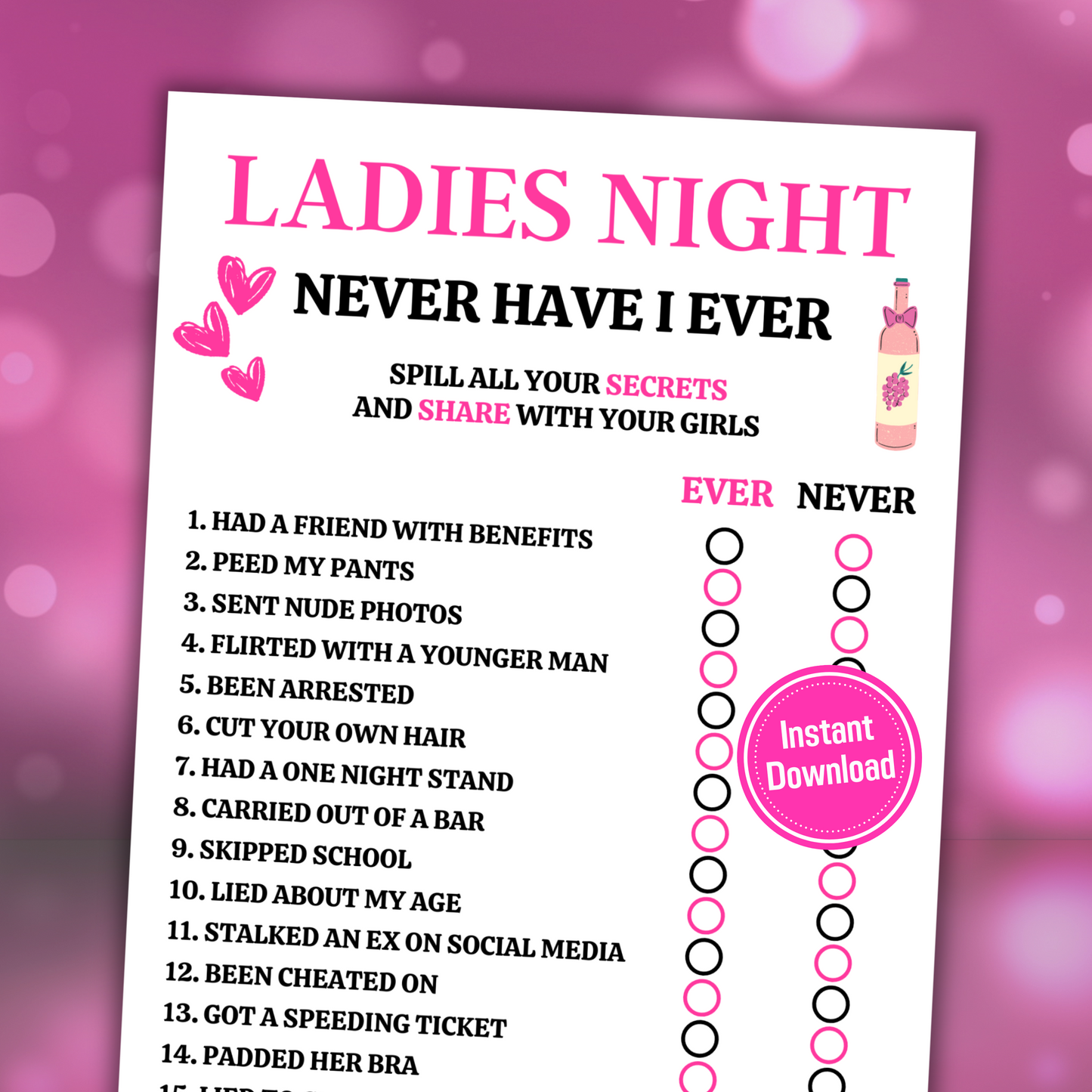 Ladies Night Never Have I Ever Game | Ever or Never Game – Funny Print For  You