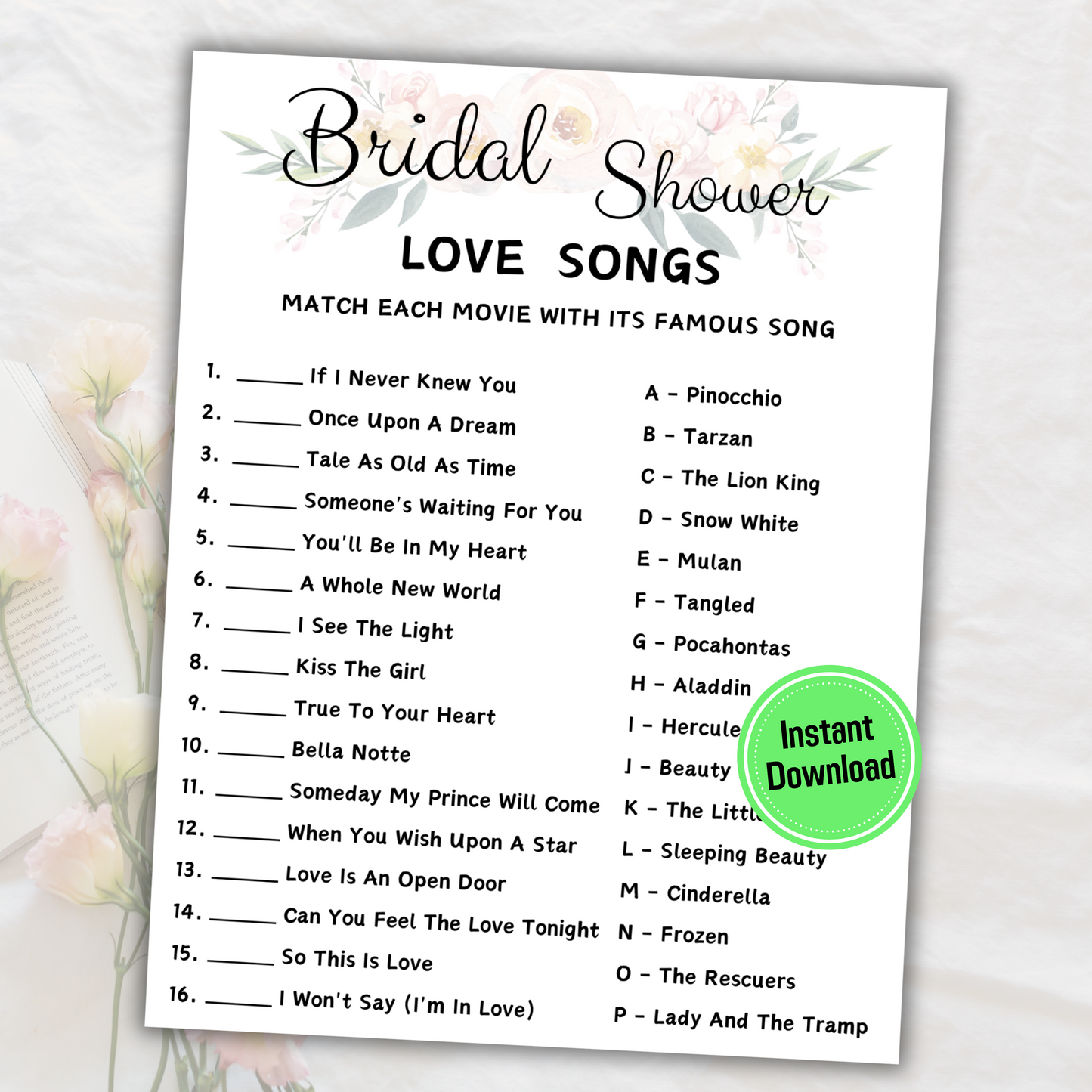 Love Song Bridal Shower Game | Printable Wedding Bridal Shower Game