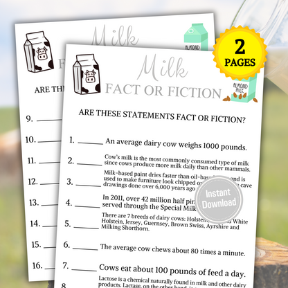 Milk Fact or Fiction Game | Printable Milk Trivia True Or False Game