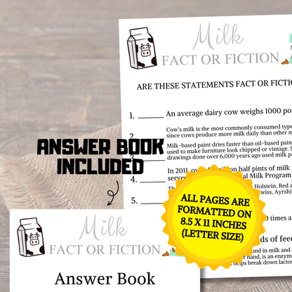 Milk Fact or Fiction Game | Printable Milk Trivia True Or False Game