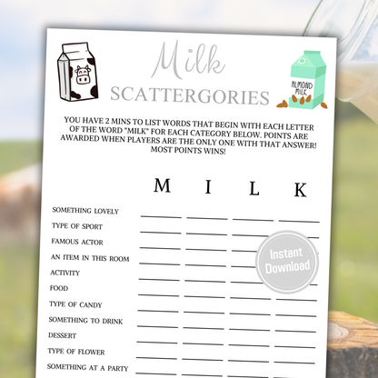 Milk Scattergories Game | Minimalist Milk Think Fast Game