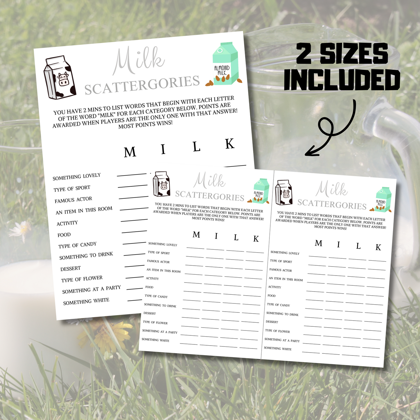 Milk Scattergories Game | Minimalist Milk Think Fast Game