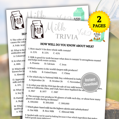 Milk Trivia Game Volume 2 | Printable Milk Knowledge Quiz Game