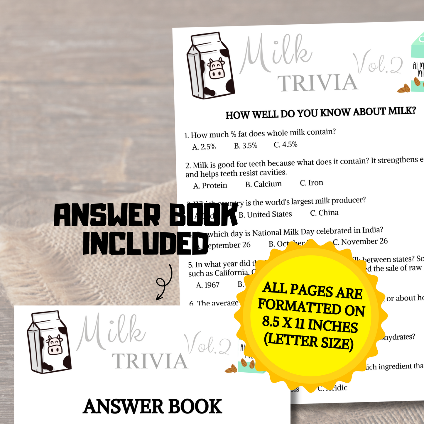 Milk Trivia Game Volume 2 | Printable Milk Knowledge Quiz Game