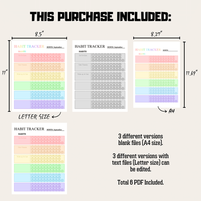 Monthly Habit Tracker 1: Rainbow Color Product Information Details And Print Out Size Demo