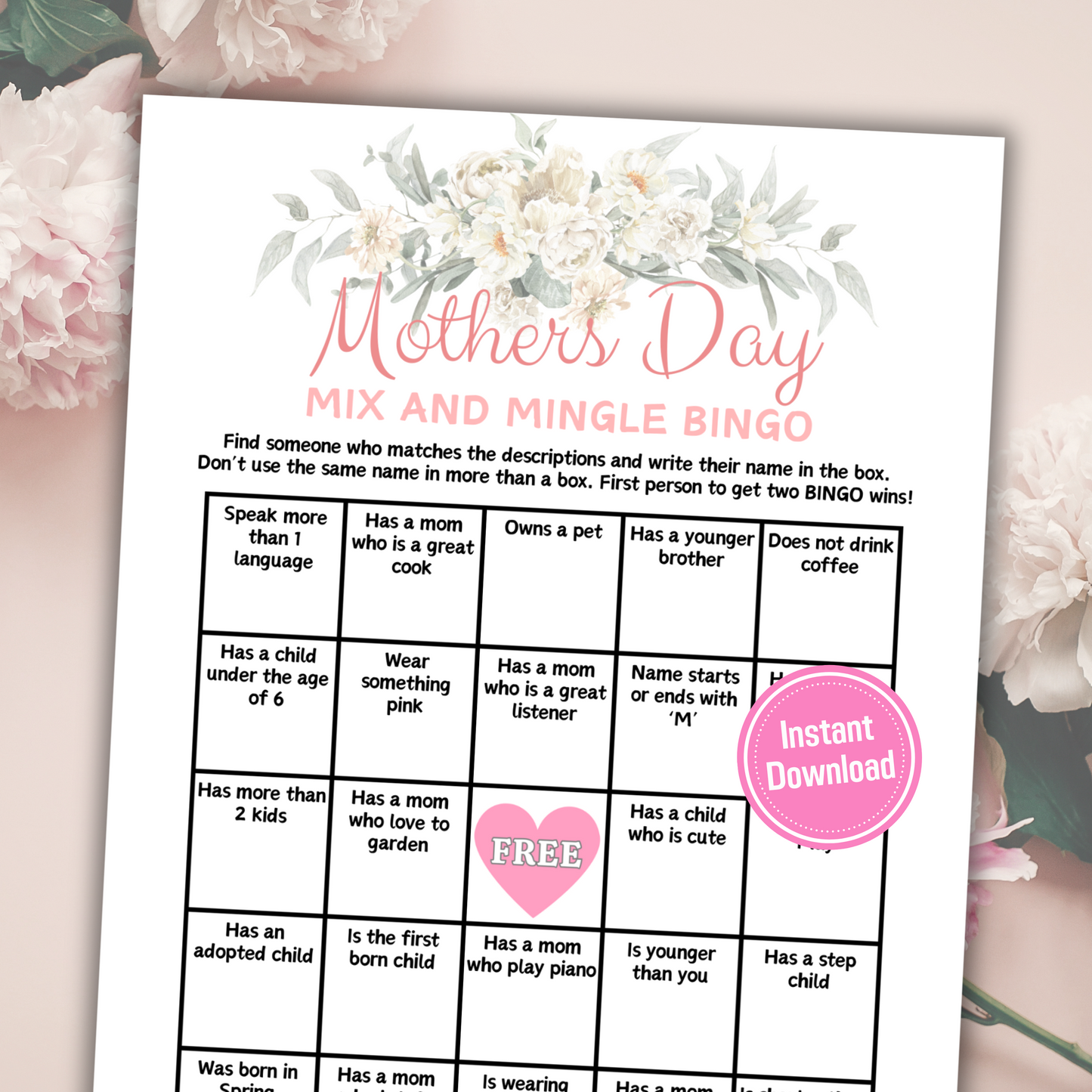 Mothers Day Mix and Mingle Bingo | Mothers Day Find the Guest Bingo