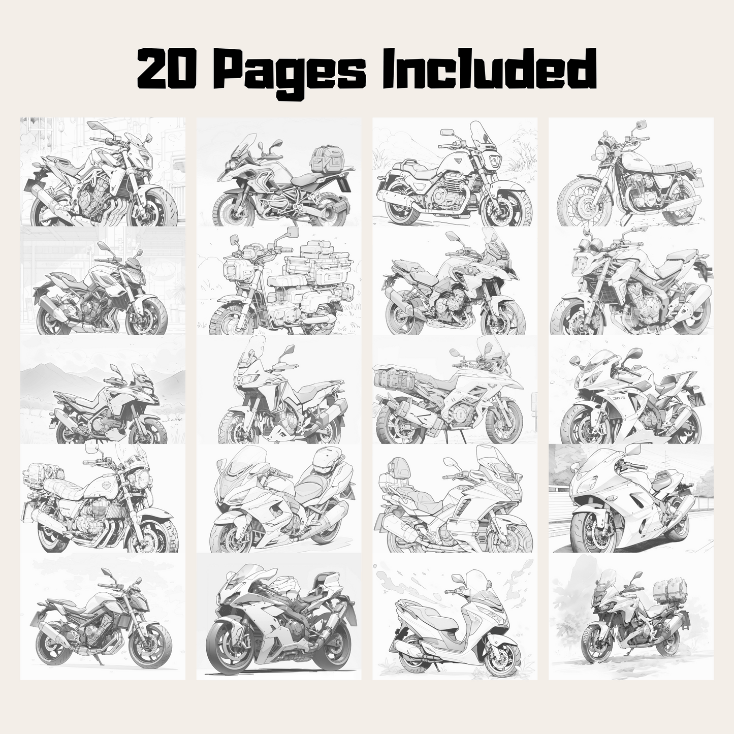 20 Pages Motorbike Coloring Book For All Ages, Perfect for Motorcycle Enthusiasts and Coloring Aficionados
