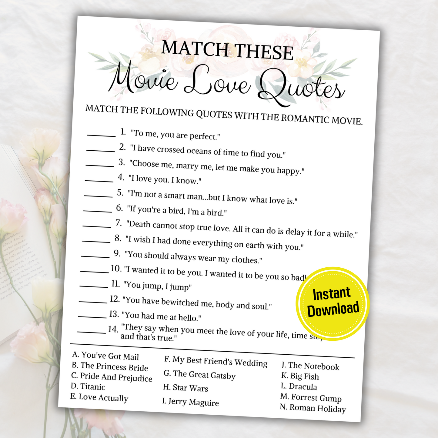 Movie Love Quotes Matching Game | Floral Wedding Shower