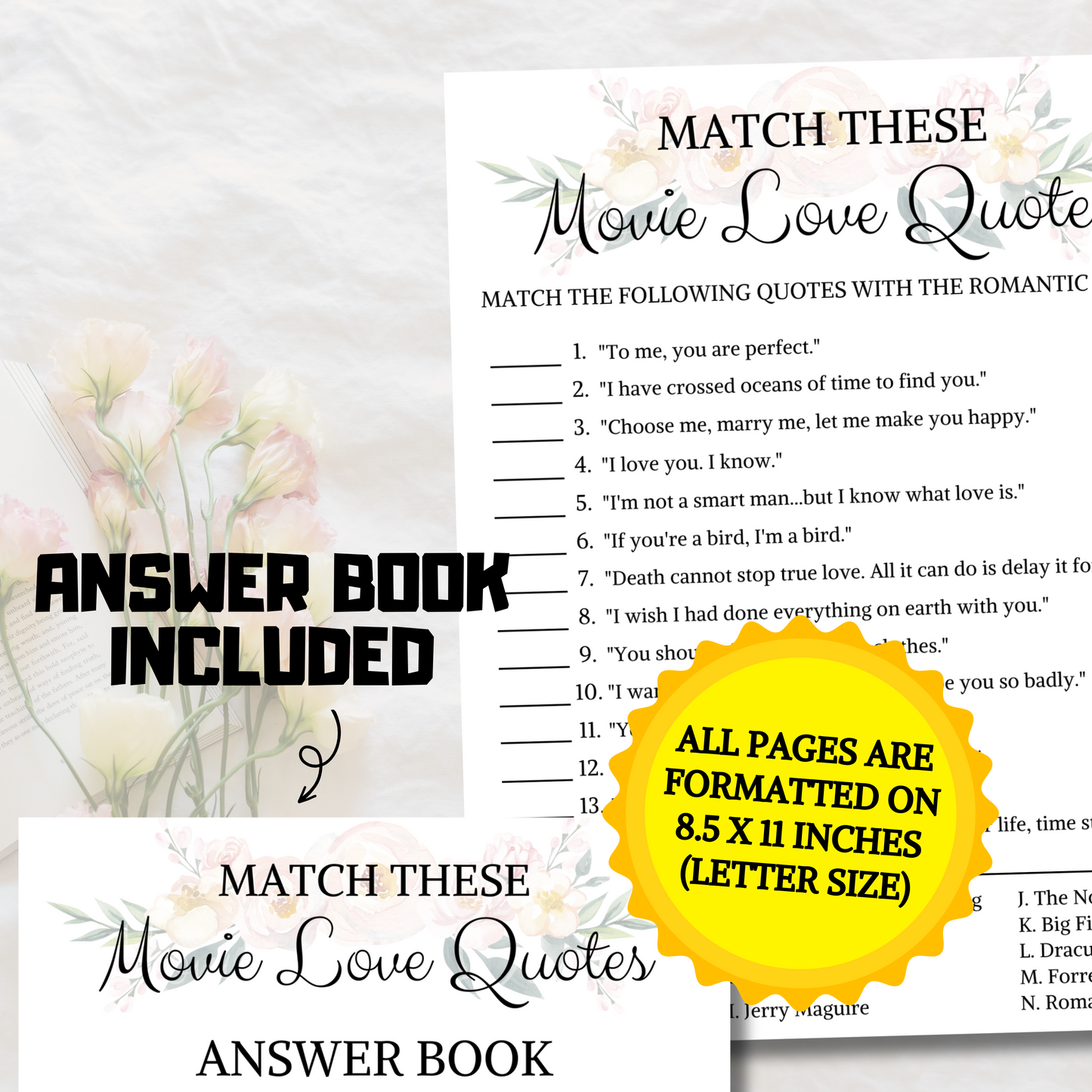 Movie Love Quotes Matching Game | Floral Wedding Shower