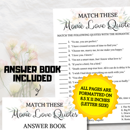 Movie Love Quotes Matching Game | Floral Wedding Shower