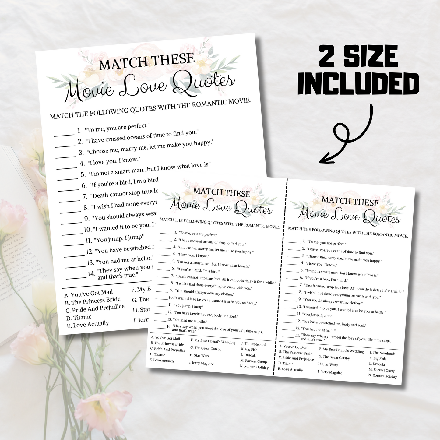 Movie Love Quotes Matching Game | Floral Wedding Shower