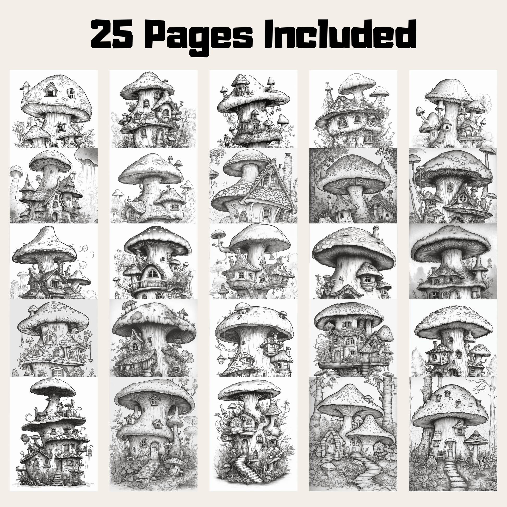 Mushroom Houses Coloring Book 1: Mushroom Houses 25 Pages Included