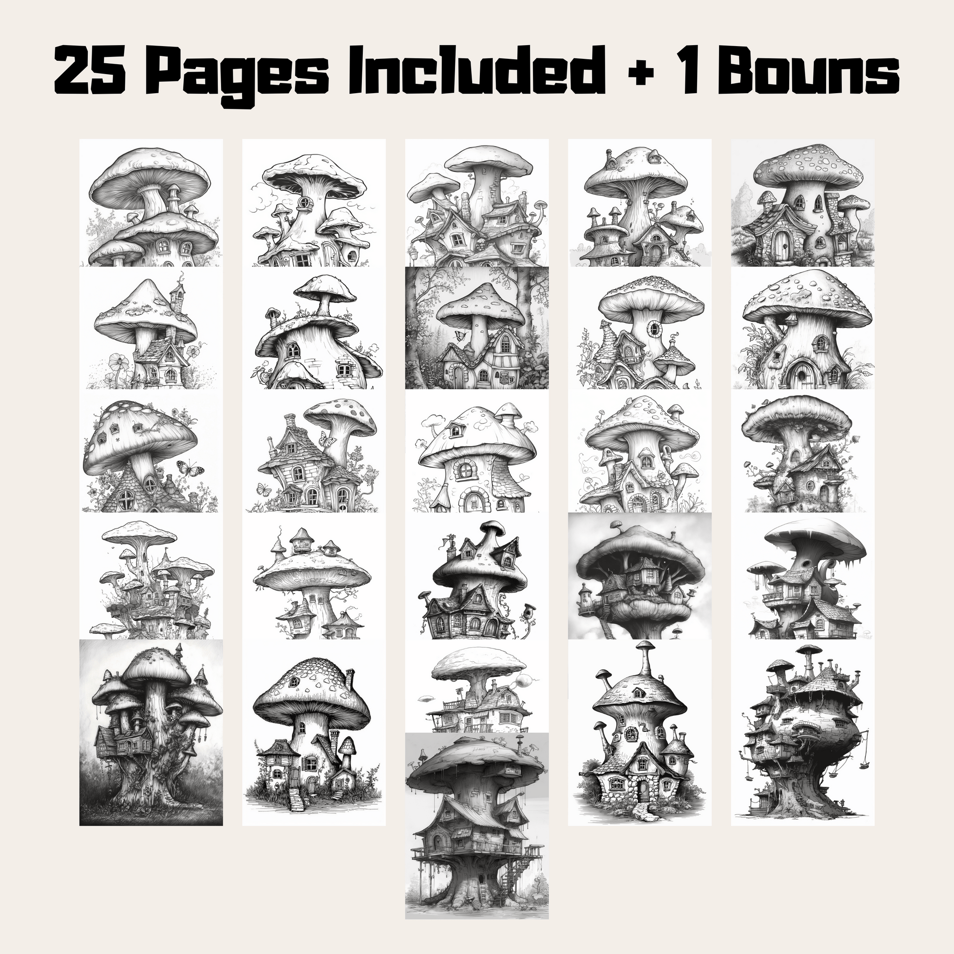 Mushroom Houses Coloring Book 2: Mushroom Houses 26 Pages Included