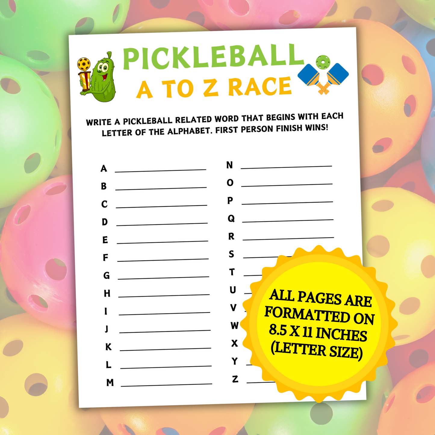 Pickleball A To Z Race Game | Printable Pickleball Team ABC Race Games