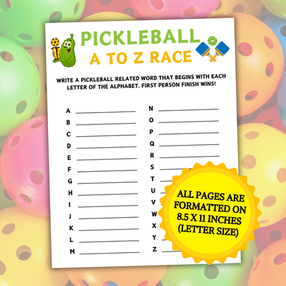 Pickleball A To Z Race Game | Printable Pickleball Team ABC Race Games