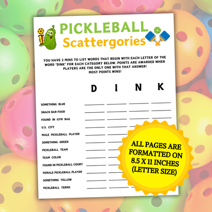 Pickleball Scattergories Game | Minimalist Pickleball Team Think Fast Game