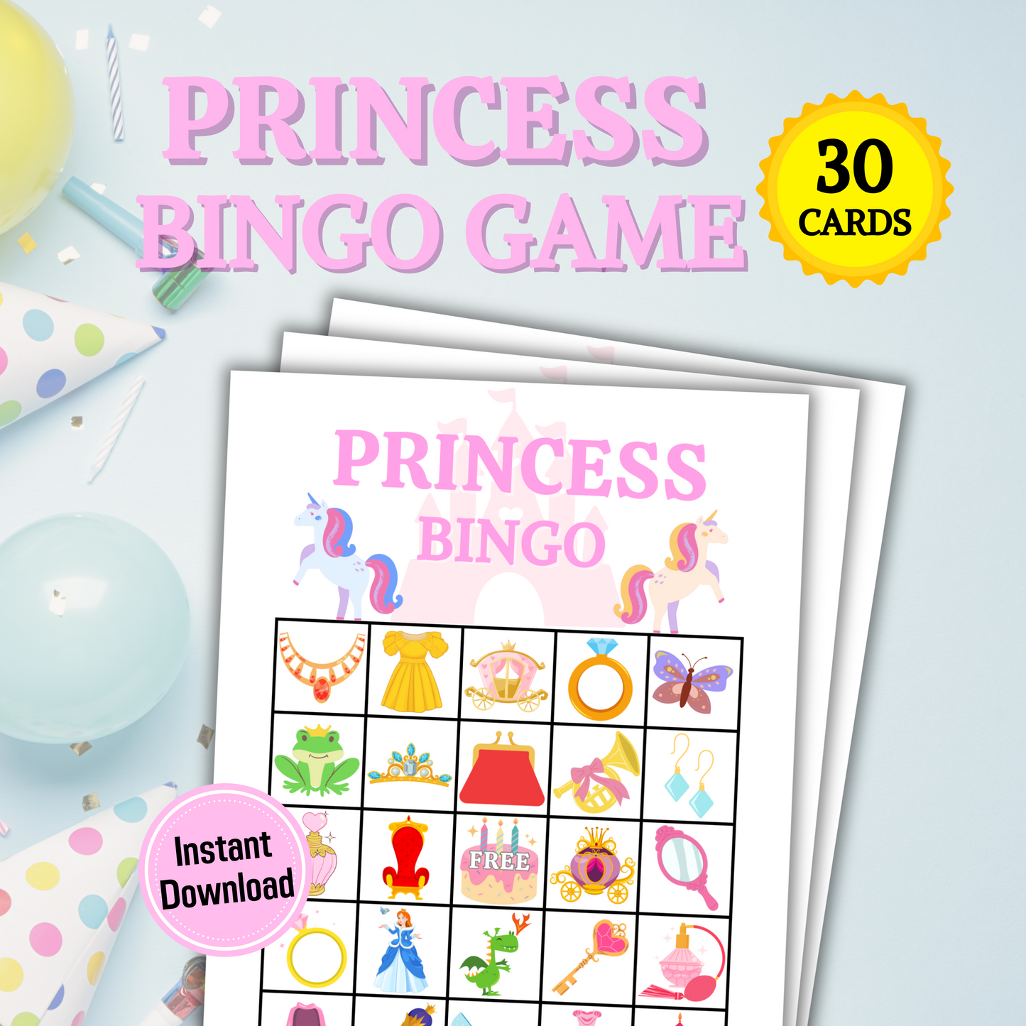 30 Princess Bingo Game | Birthday Bingo Cards for Princess