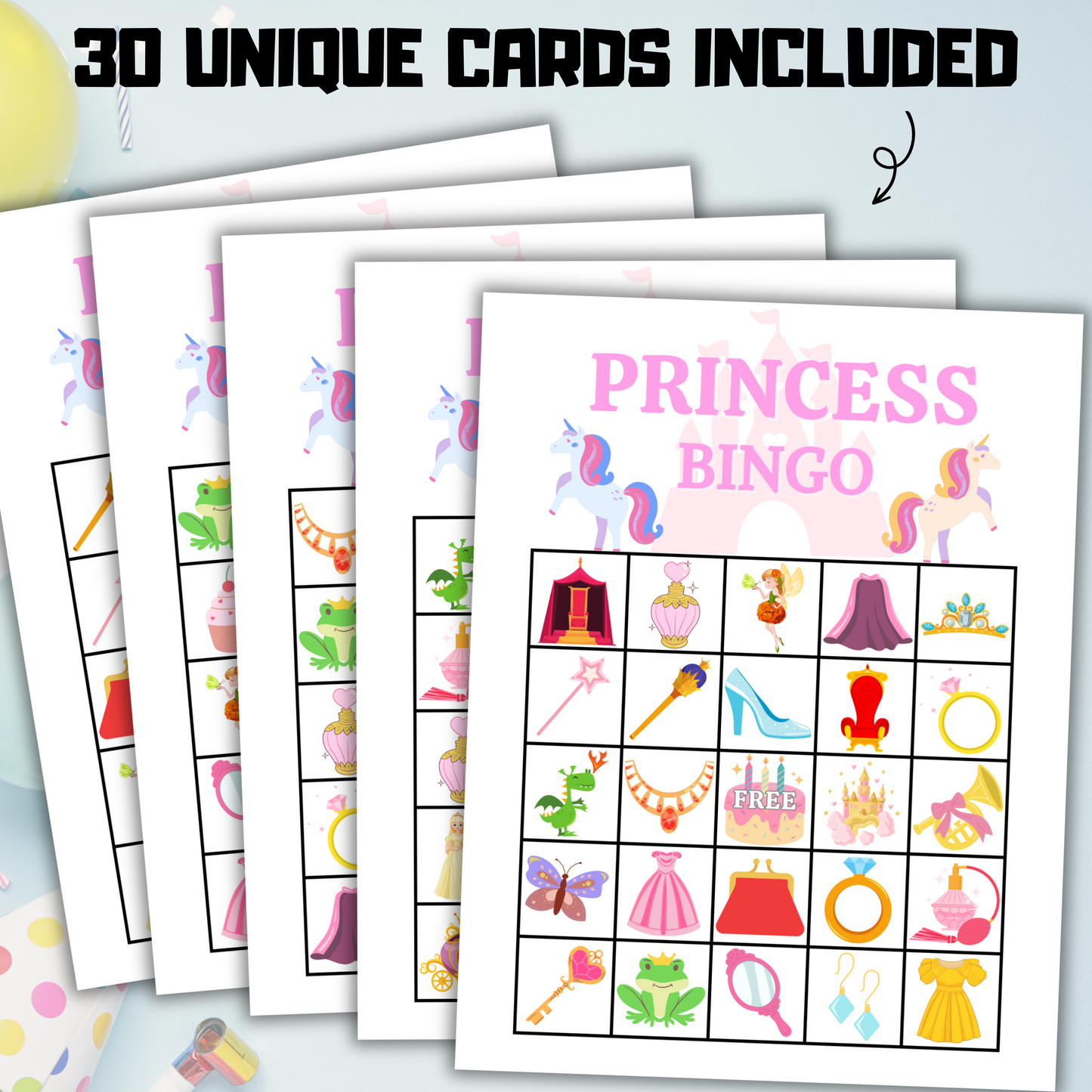 30 Princess Bingo Game | Birthday Bingo Cards for Princess