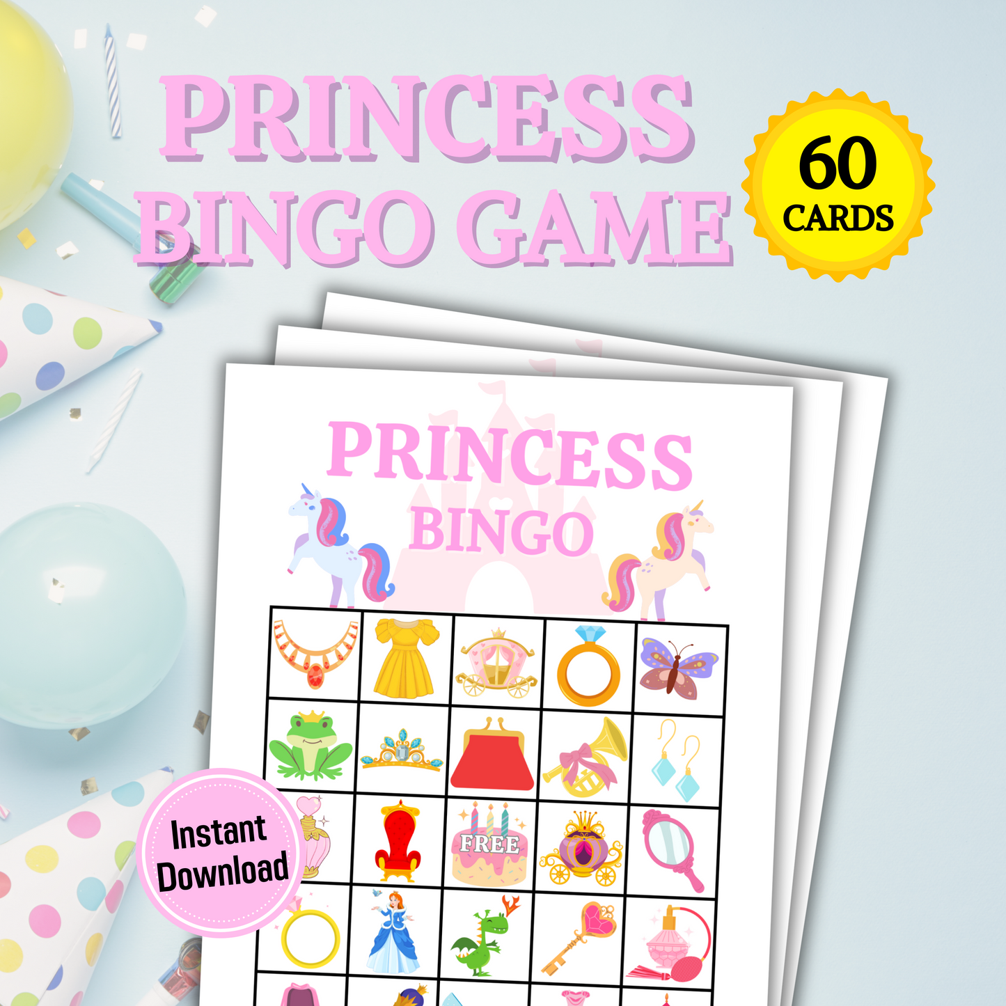 60 Princess Bingo Game | Princess Birthday Bingo Cards Game