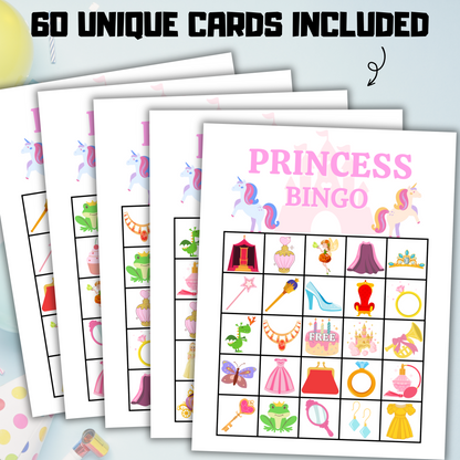 60 Princess Bingo Game | Princess Birthday Bingo Cards Game
