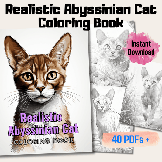 Realistic Abyssinian Cat Coloring Book, 20 Abyssinian Cat Grayscale Coloring Pages