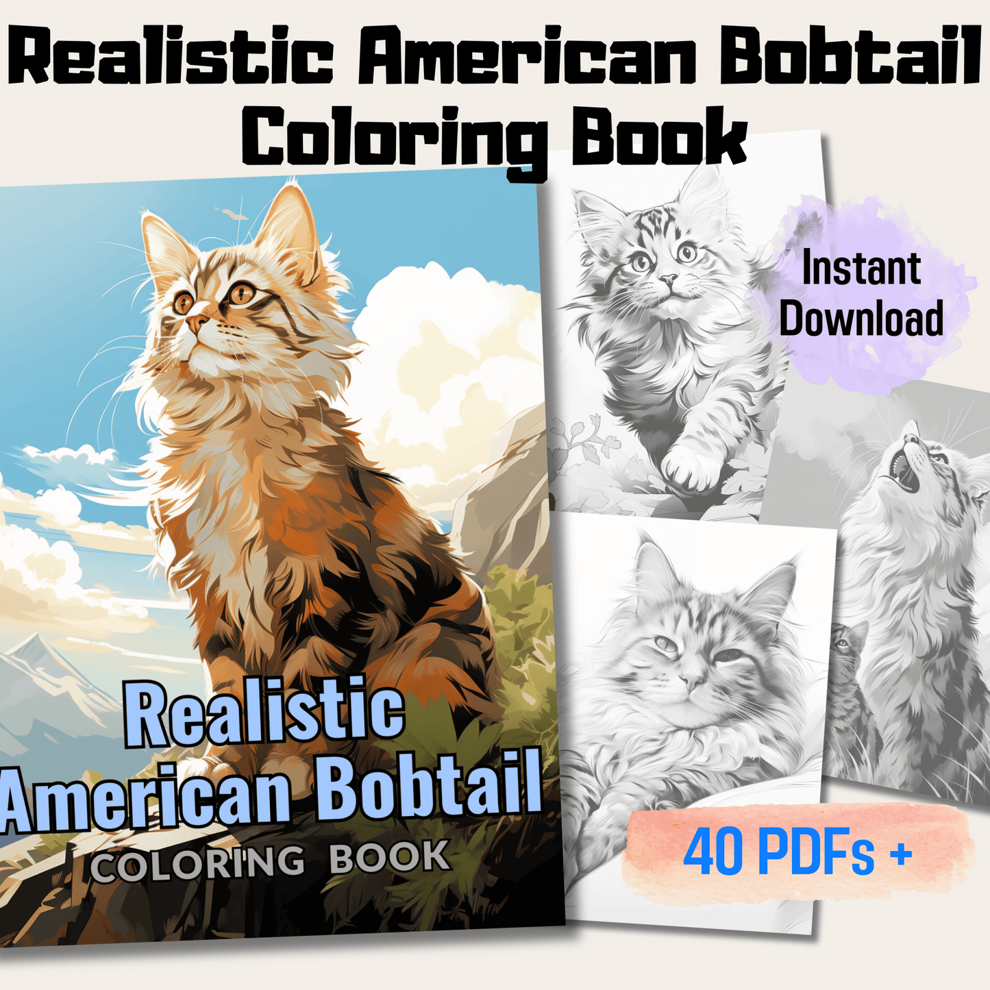 Realistic American Bobtail Coloring Book, 20 American Bobtail Grayscale Coloring Pages