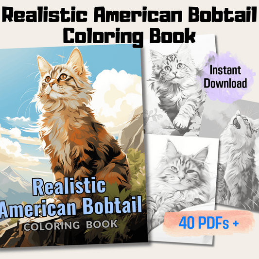 Realistic American Bobtail Coloring Book, 20 American Bobtail Grayscale Coloring Pages